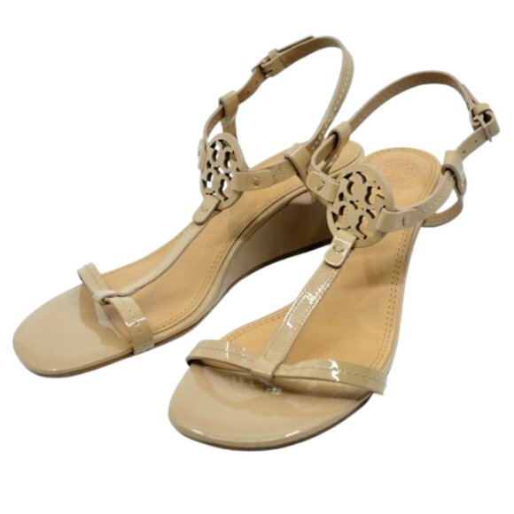TORY BURCH~Miller~WEDGE HEEL BEIGE PATENT LEATHER STRAPPY SANDALS SHOES SIZE 9M - Picture 1 of 7